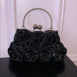 Black Satin Flower Purse w/ Silver Chain Strap